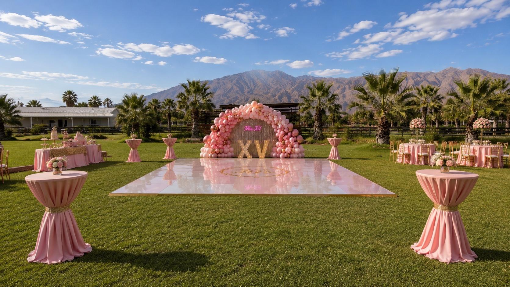 Quinceañera setup at Mi Amor Ranch — pink balloon arch with XV sign, white dance floor, pink cocktail tables