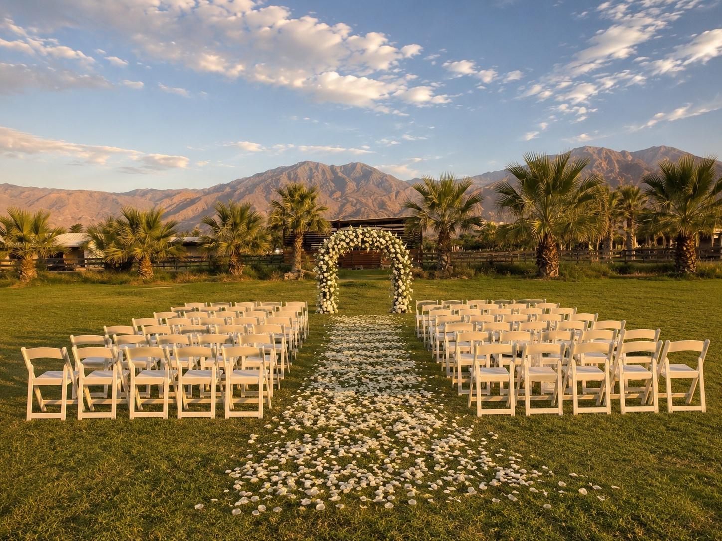 Wedding ceremony setup with floral arch and mountain backdrop