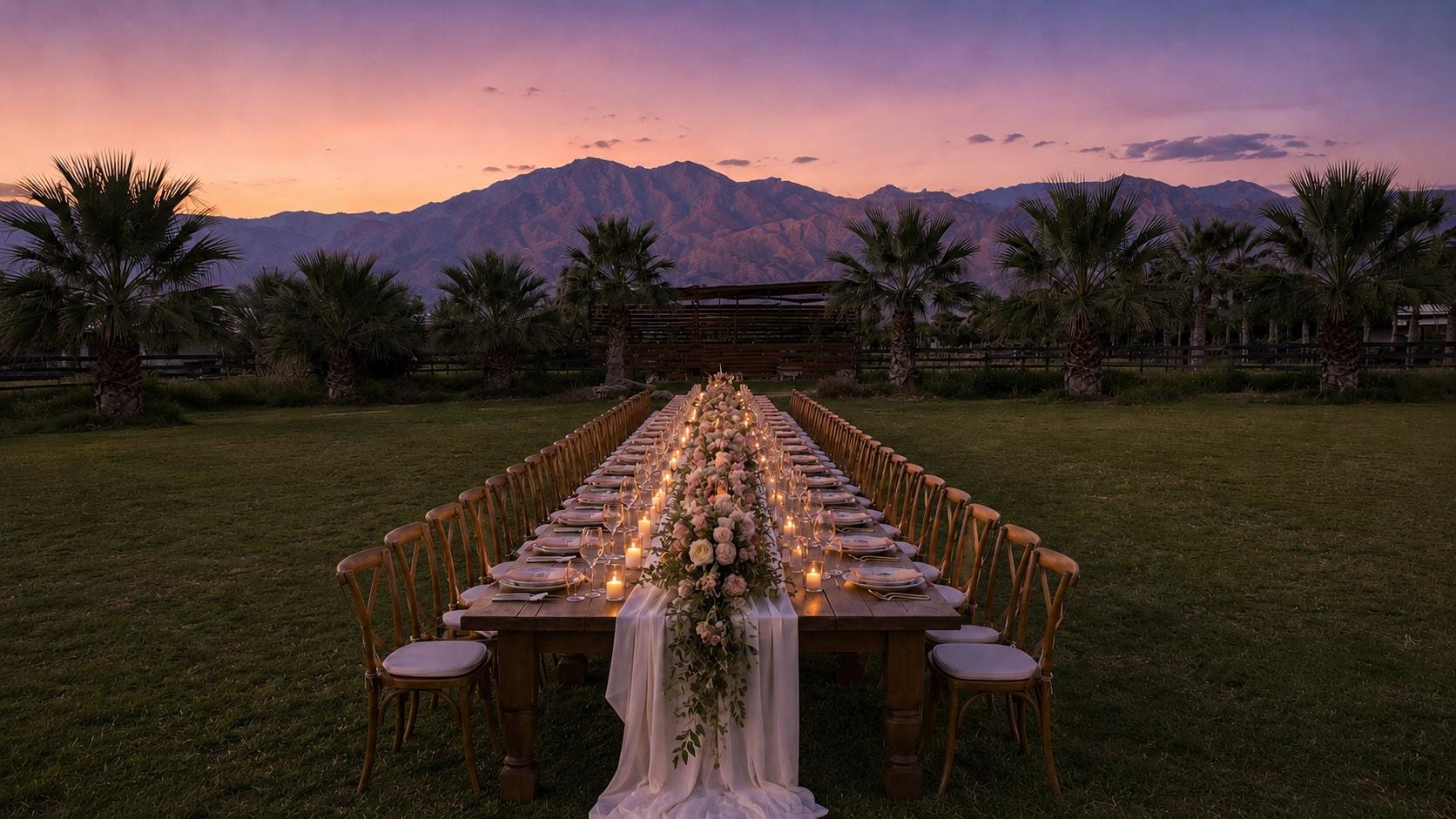 Long-table dinner at dusk with candles and florals