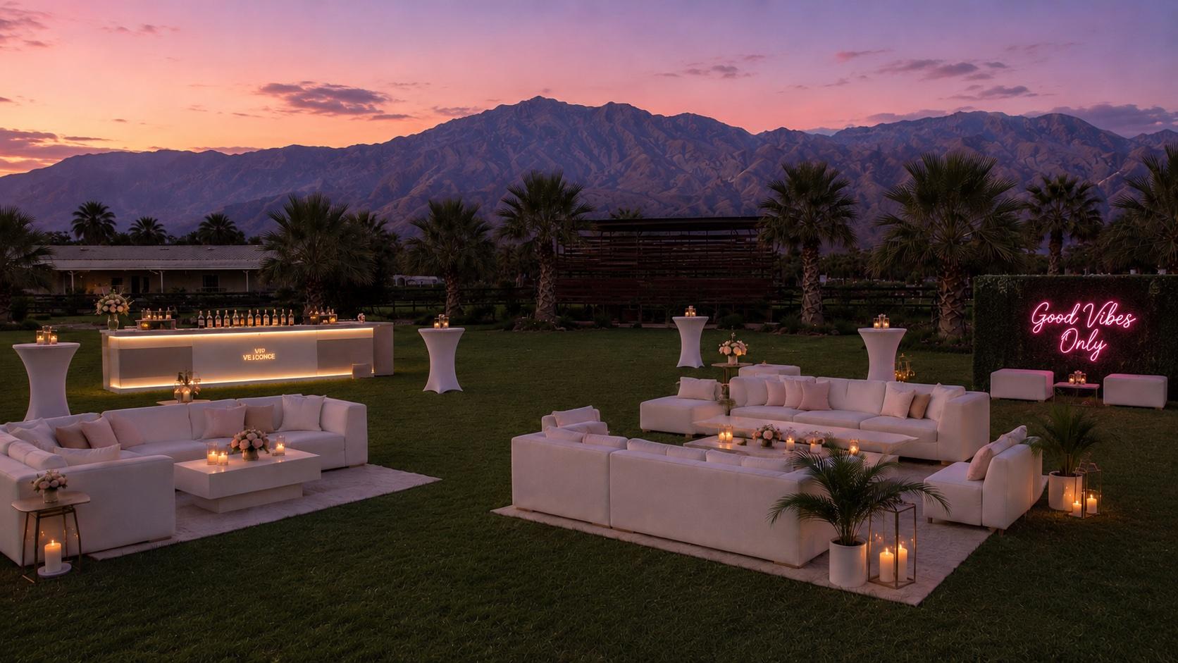 VIP brand activation lounge with neon sign at sunset