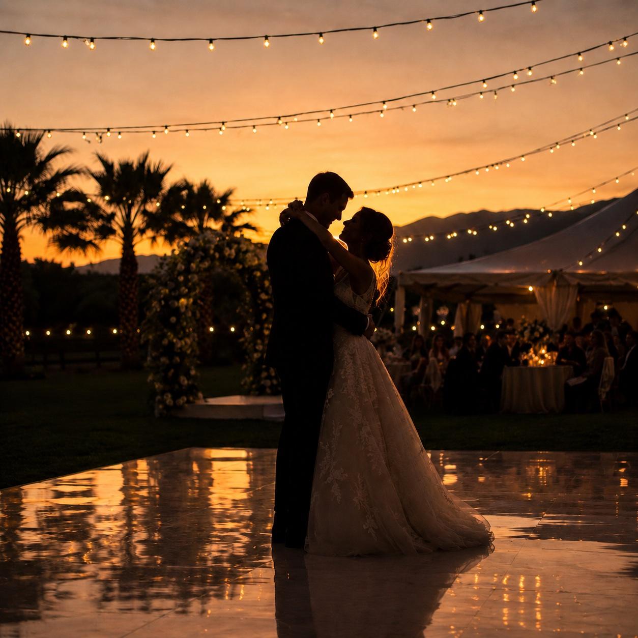Couple silhouetted on the dance floor against a sunset sky